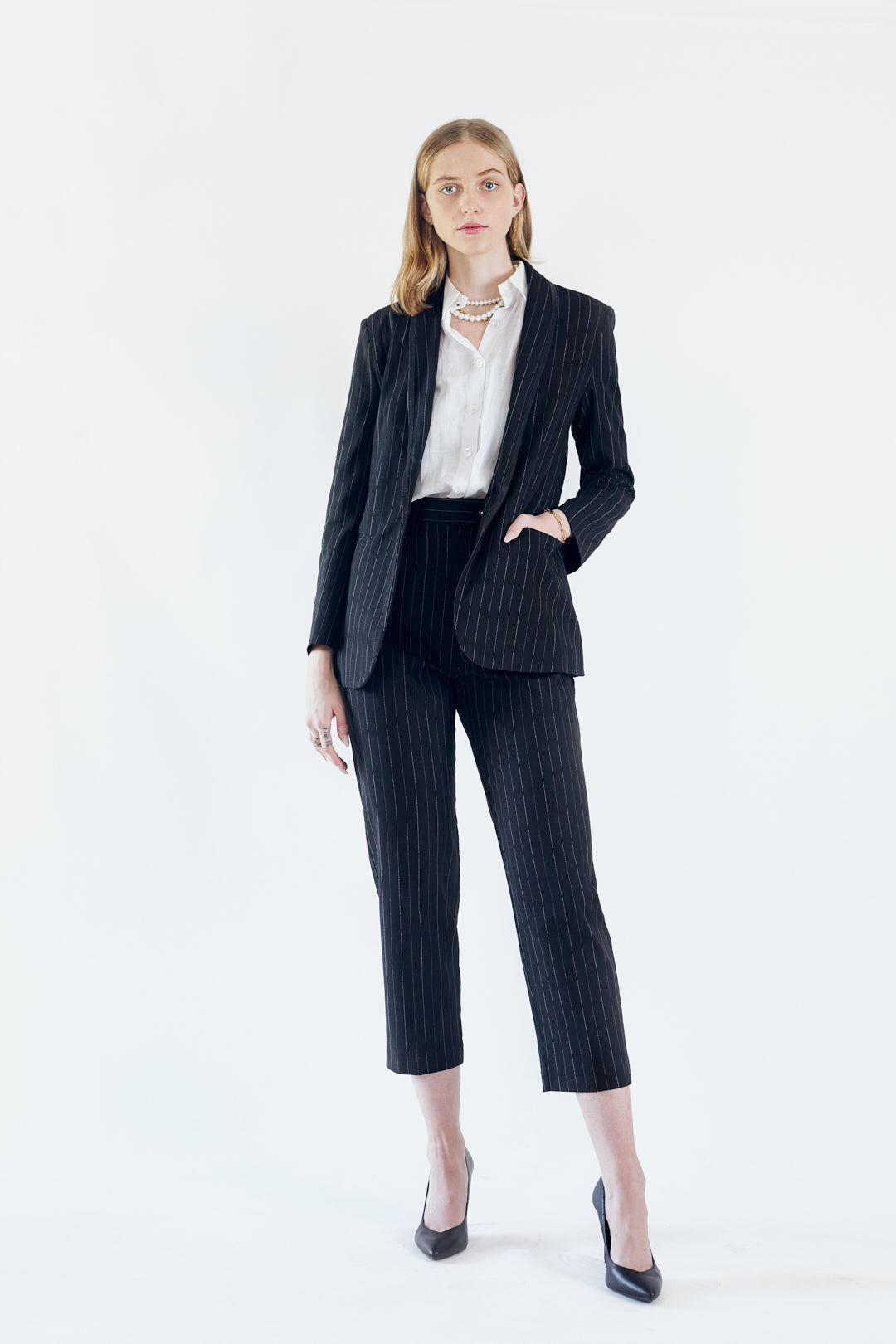 Sleek Women's Classic Black & White Striped Work Suit Jacket Blazer - Lovez Aqua© - 