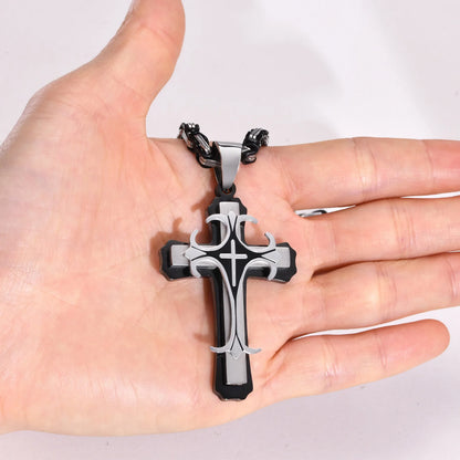 Men's Stainless Steel Religious Cross Pendant Necklace With Byzantine Chain - Lovez Aqua© - 