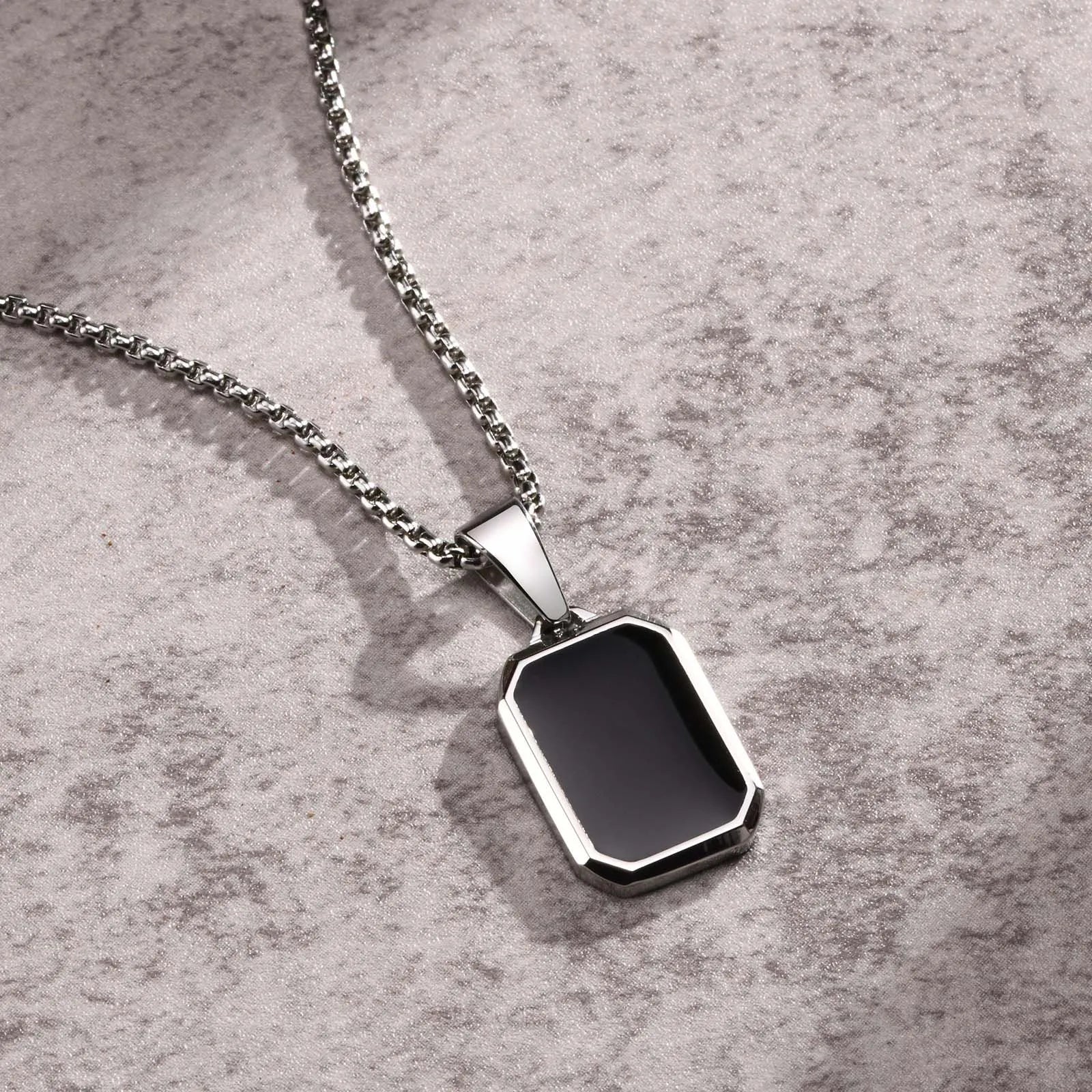 Men's Modern Geometric Stainless Steel Black Onyx Rectangle Necklace - Lovez Aqua© - 