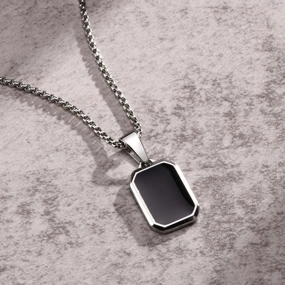 Men's Modern Geometric Stainless Steel Black Onyx Rectangle Necklace - Lovez Aqua© - 