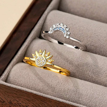 Pandora 925 Sterling Silver & Cubic Zirconia Sun and Moon Couple Ring Set - Pandora - 