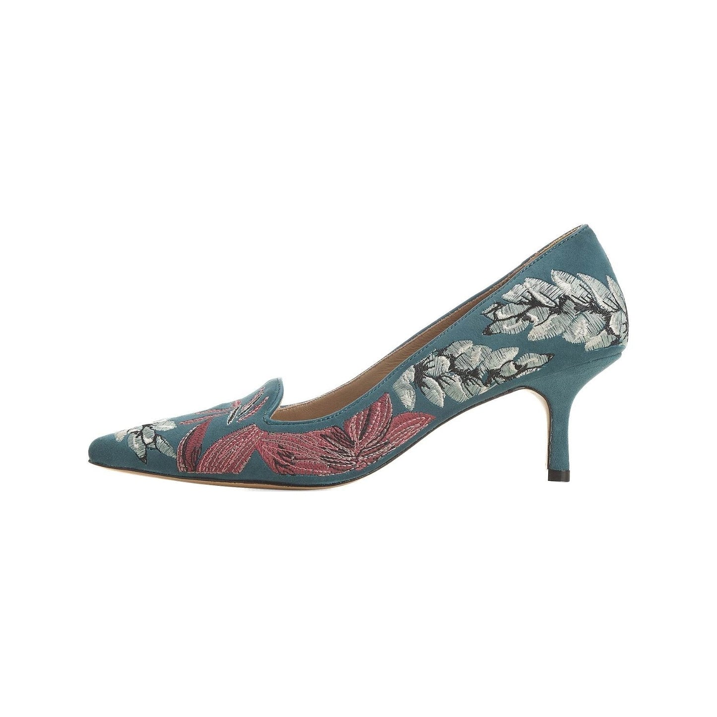 Teal high-heeled shoes with floral embroidery on a white background
