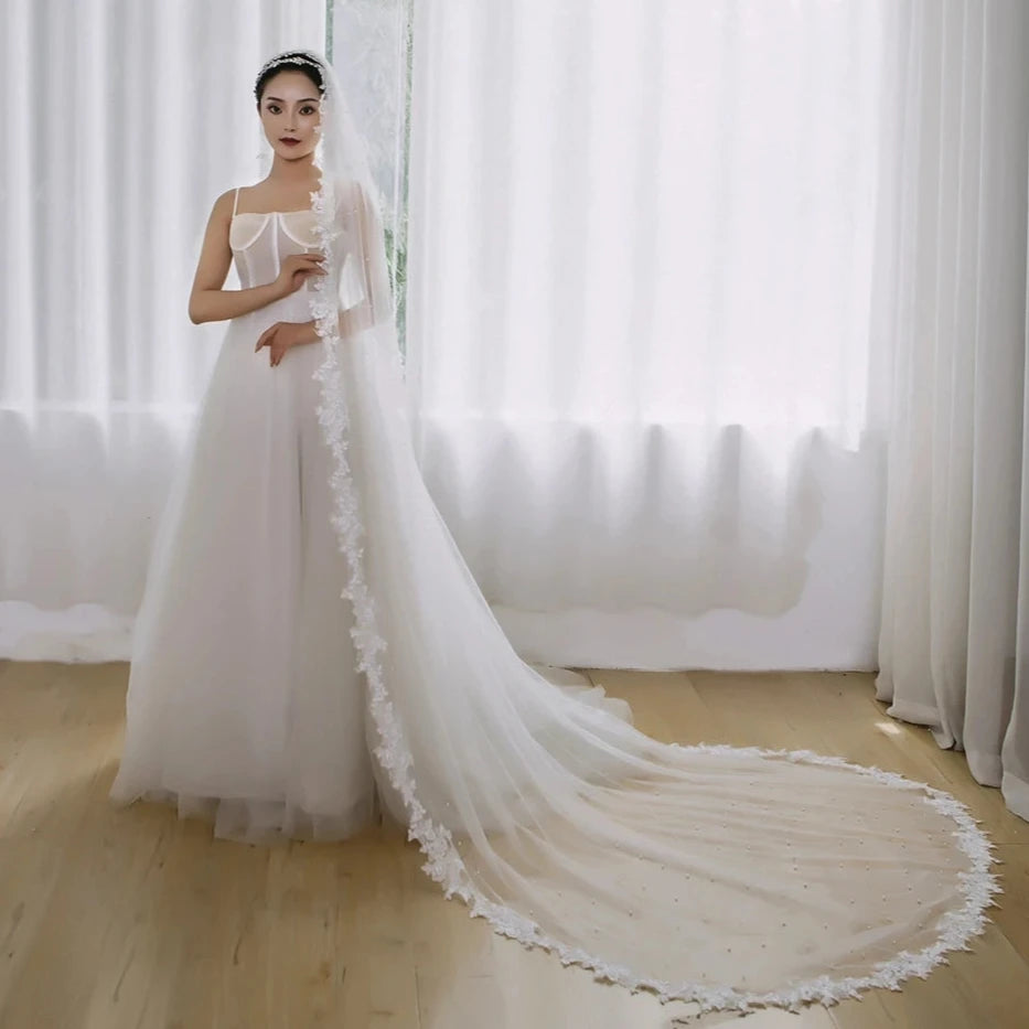 White Faux Pearl Beaded Cathedral Length Laced Edge Long Bridal Wedding Veil - Lovez Aqua© - 