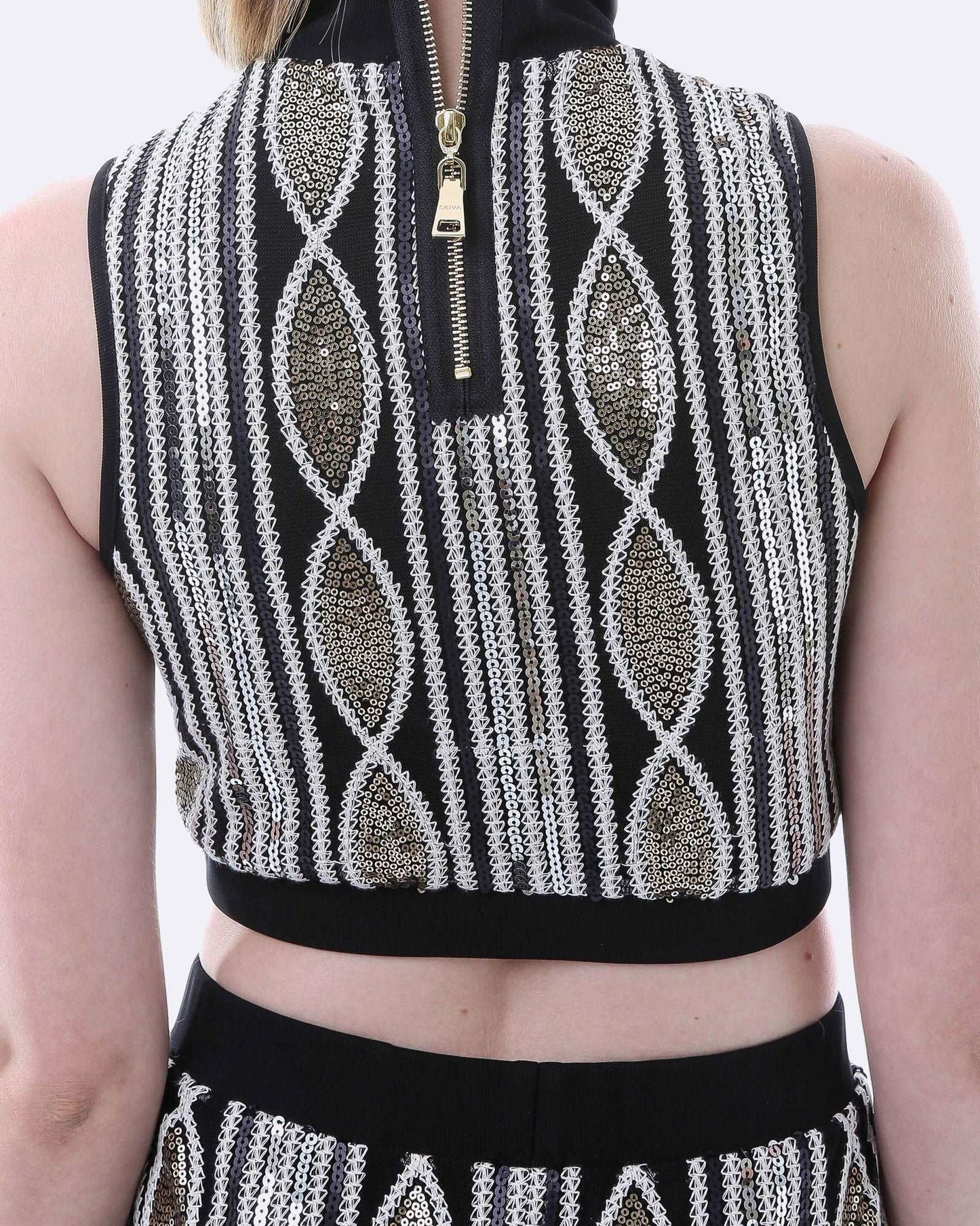 Women's Black, White & Gold Geometric Two-Piece Lace Mesh Top & Skirt Set - Lovez Aqua© - 