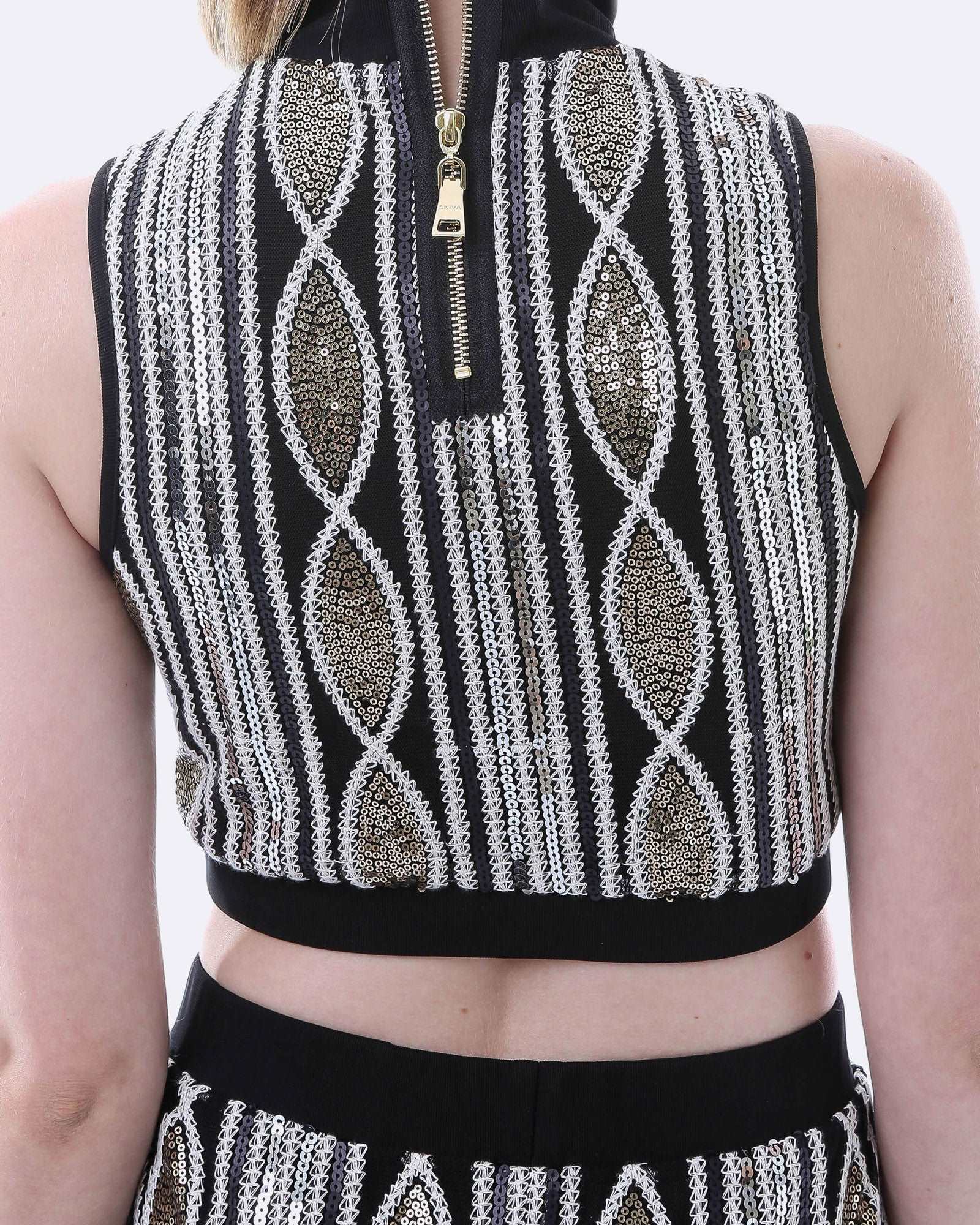 Women's Black, White & Gold Geometric Two-Piece Lace Mesh Top & Skirt Set - Lovez Aqua© - 