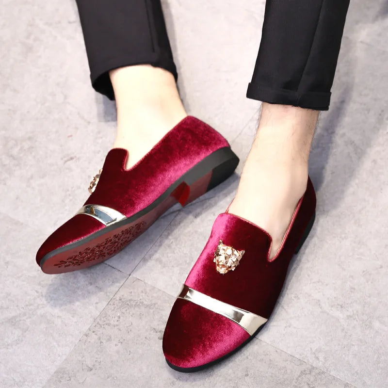 Men's Gold Trimmed Slip-On Loafer Dress Shoes with Gold Tiger Emblem - Lovez Aqua© - Red / 38