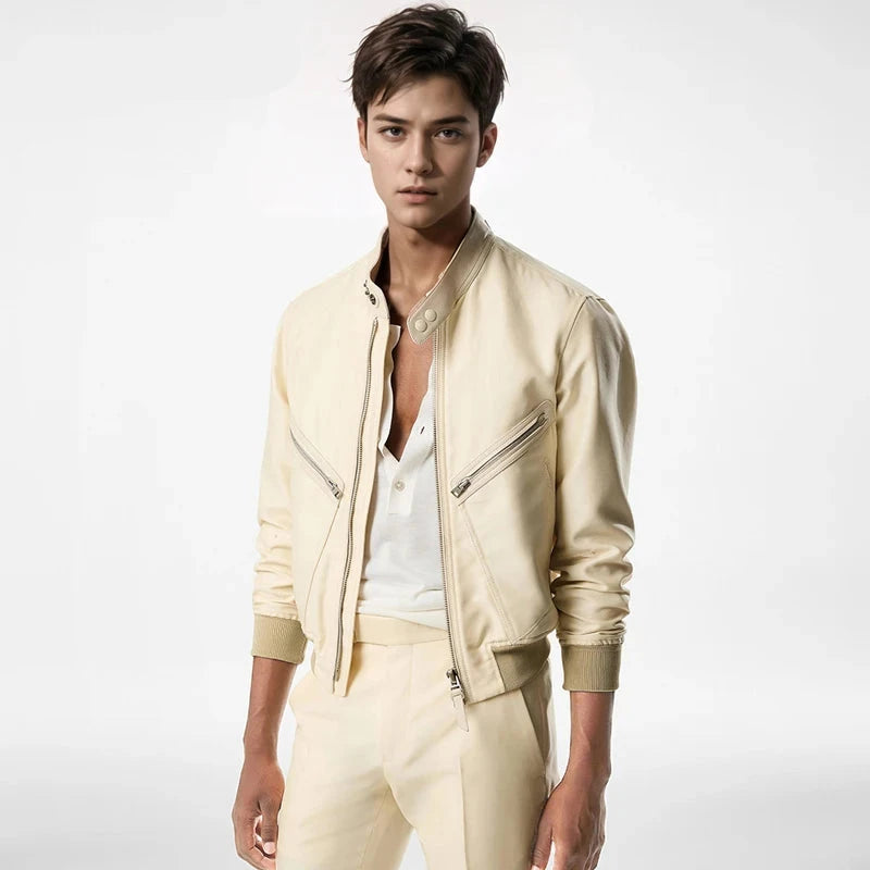 Men's Classic Stand-Up Collar Beige Genuine Leather Jacket with Ribbed Cuff - Lovez Aqua© - 