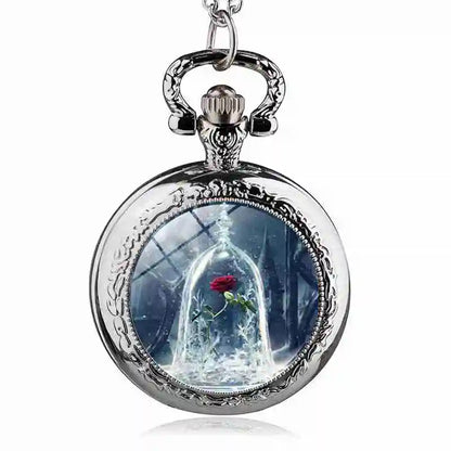 Disney's Beauty and the Beast Rose in Glass Dome Engraved Quartz Pocket Watch - Disney - Silver