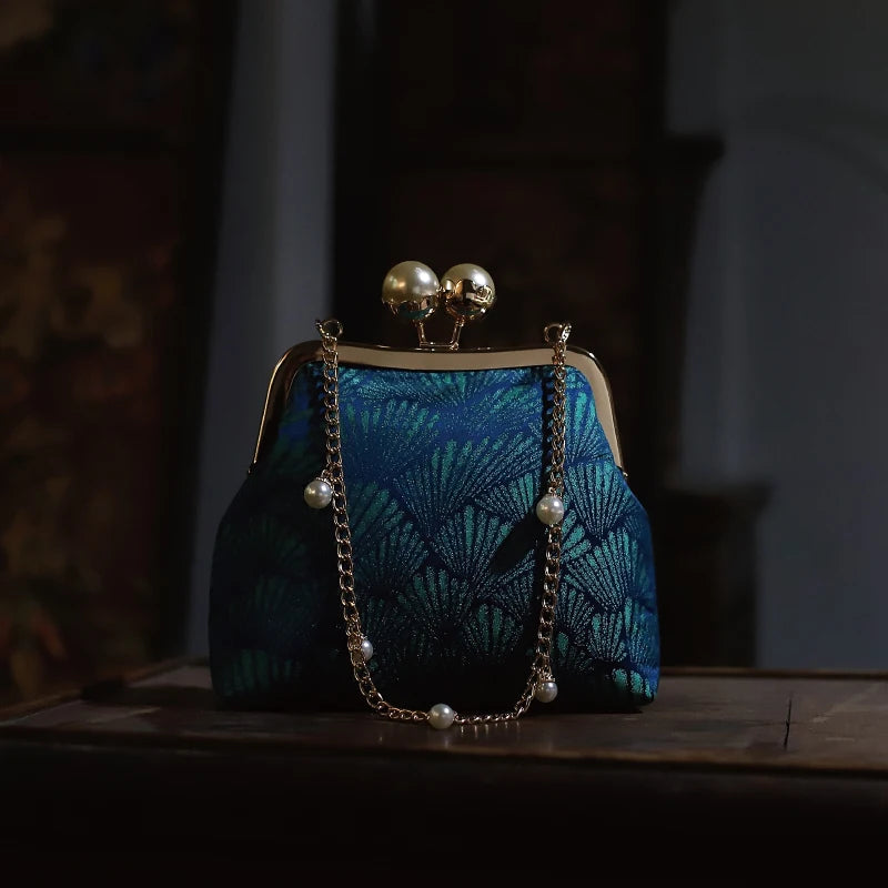 Vintage Blue Ocean Seashell Brocade Bridal Clutch Purse with Pearl Kiss Clasp - Lovez Aqua© - Default Title