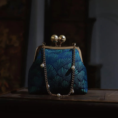 Vintage Blue Ocean Seashell Brocade Bridal Clutch Purse with Pearl Kiss Clasp - Lovez Aqua© - Default Title