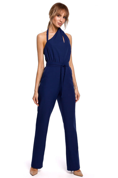 Women's Navy Blue Halter Neck Jumpsuit with Keyhole Cutout & Tie Waist - Lovez Aqua© - 