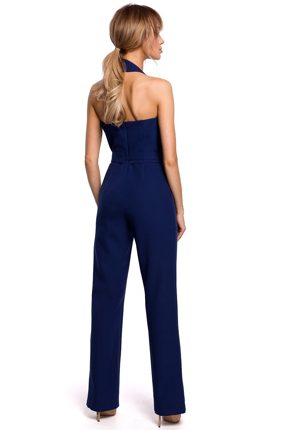 Women's Navy Blue Halter Neck Jumpsuit with Keyhole Cutout & Tie Waist - Lovez Aqua© - 