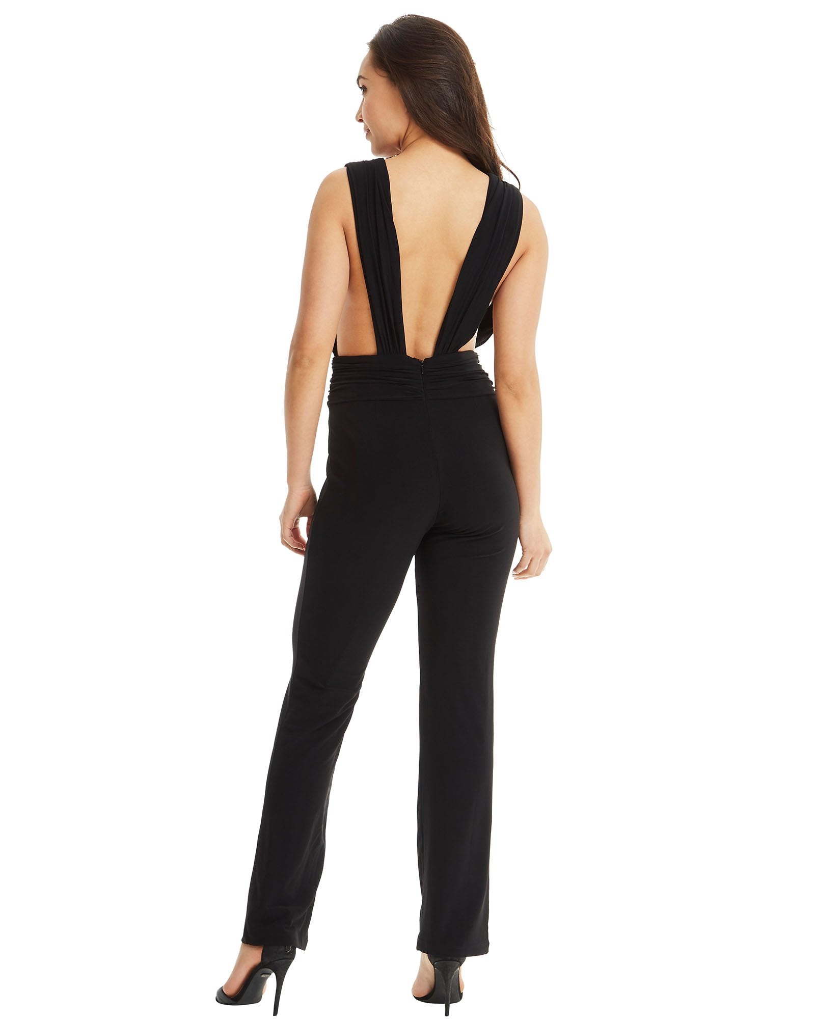Women's Black Halter Neck Jumpsuit with Plunging V Neckline & Cinched Waist - Lovez Aqua© - 