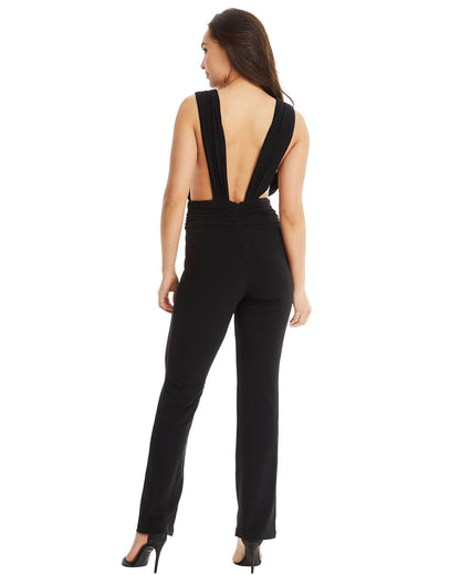 Women's Black Halter Neck Jumpsuit with Plunging V Neckline & Cinched Waist - Lovez Aqua© - 