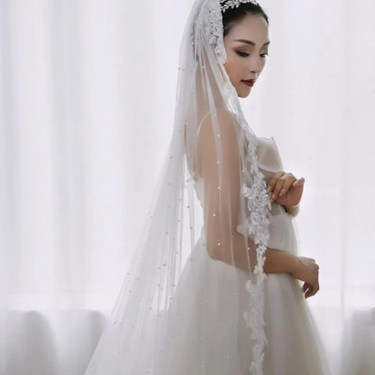 White Faux Pearl Beaded Cathedral Length Laced Edge Long Bridal Wedding Veil - Lovez Aqua© - 