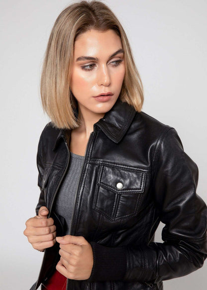 Women's Genuine Lambskin Leather Jacket with Fleece Hoodie & Pockets - Lovez Aqua© - 