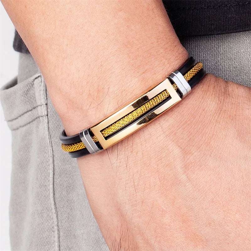 Men's Modern Golden Chain Stainless Steel Geometric Rectangle Bracelet - Lovez Aqua© - 