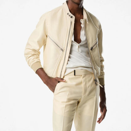 Men's Classic Stand-Up Collar Beige Genuine Leather Jacket with Ribbed Cuff - Lovez Aqua© - 