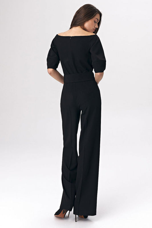 Women's Elegant Black Jumpsuit With Boat Neckline & Belted Waist - Lovez Aqua© - 