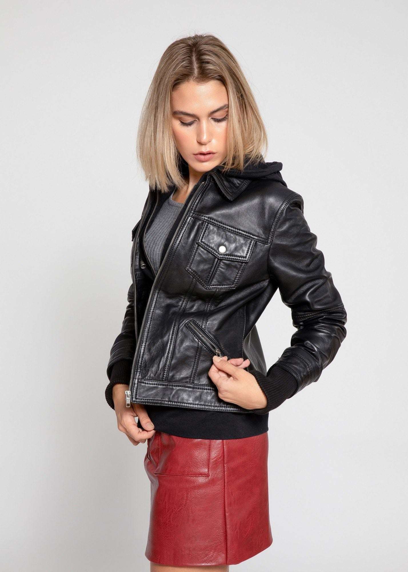 Women's Genuine Lambskin Leather Jacket with Fleece Hoodie & Pockets - Lovez Aqua© - 