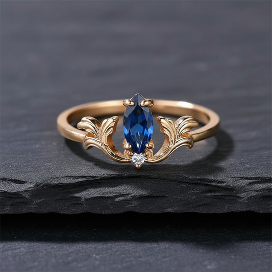 Women's Sapphire Blue Marquise Silver Ring with White Round Zircon Stones - Lovez Aqua© - 