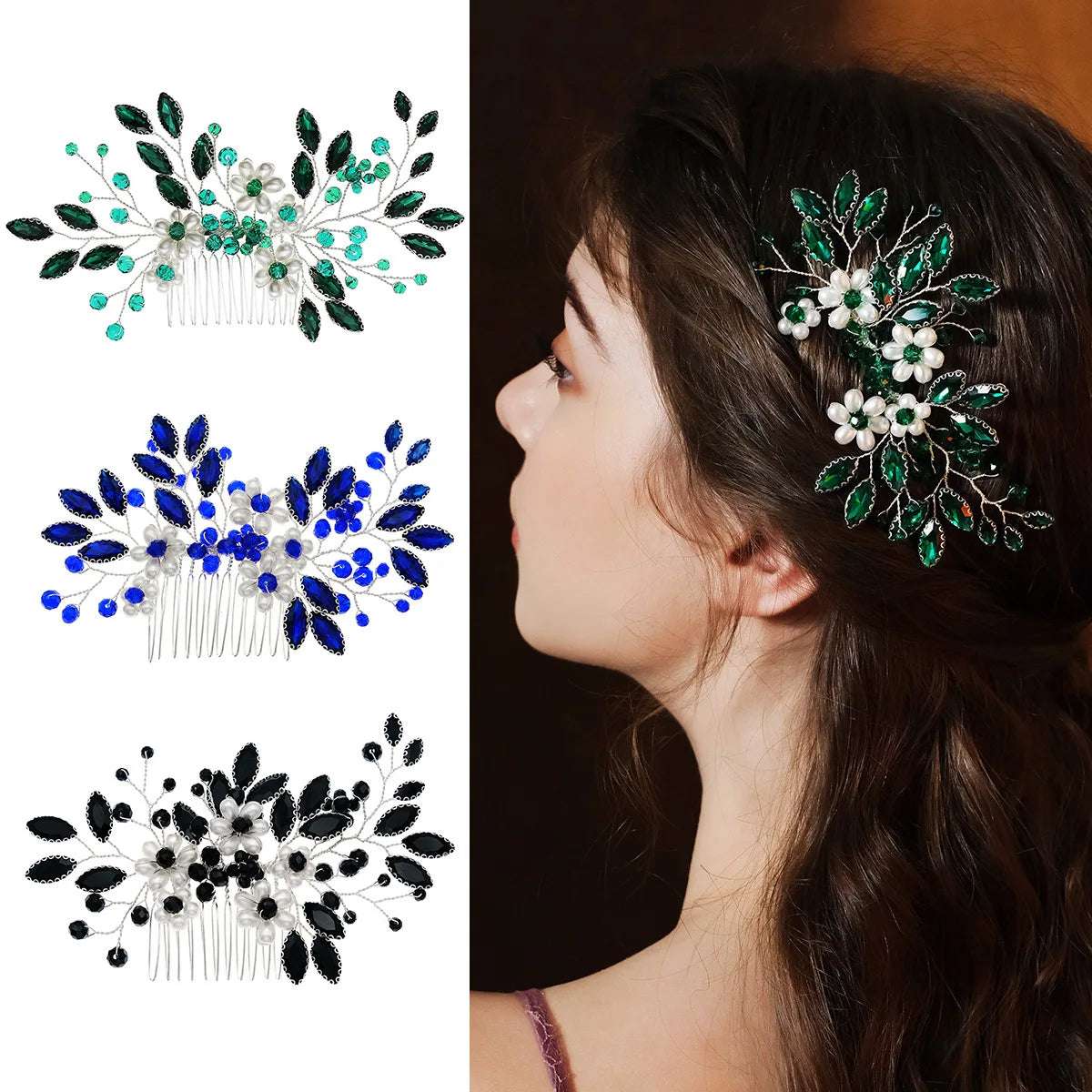 Women's Delicate Crystal Rhinestone & Pearl Flower Bridal Hair Comb - Lovez Aqua© - 