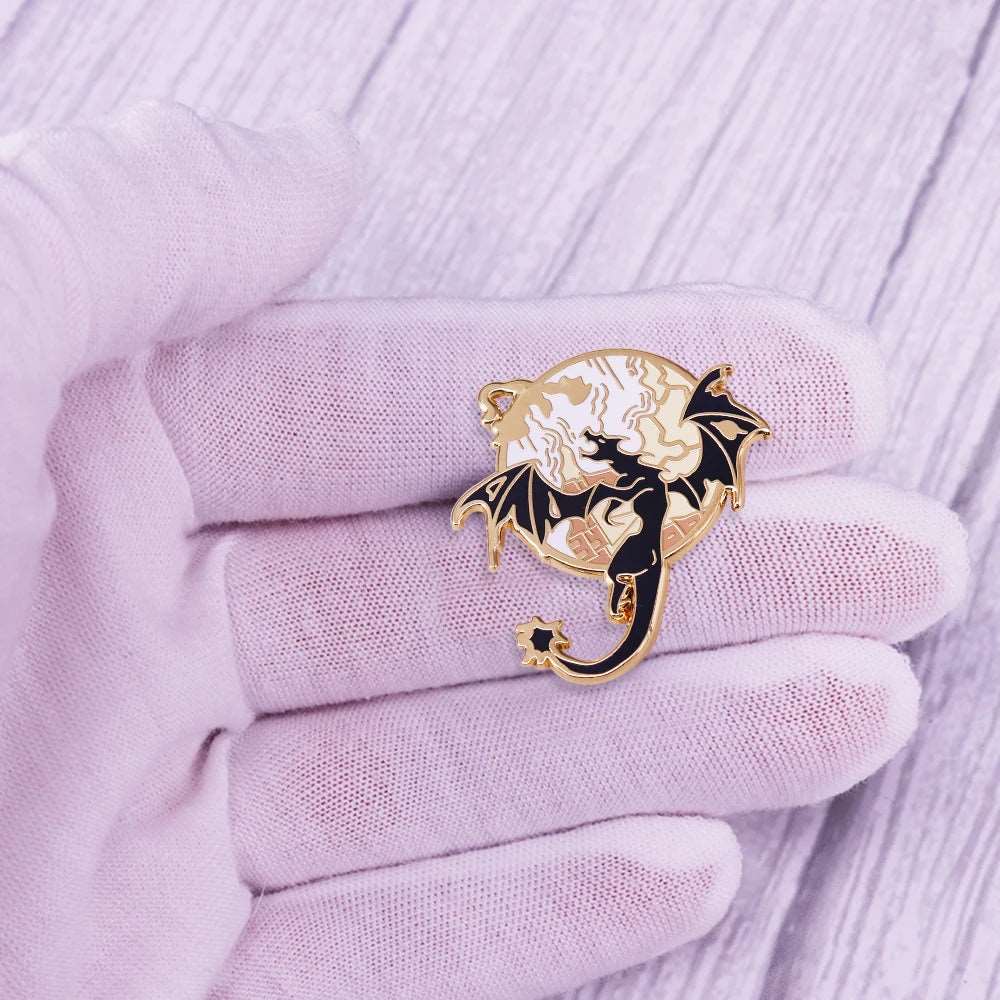 Fourth Wing Flying Dragon Sky Landscape Book Fan Enamel Brooch Pin - Fourth Wing - 
