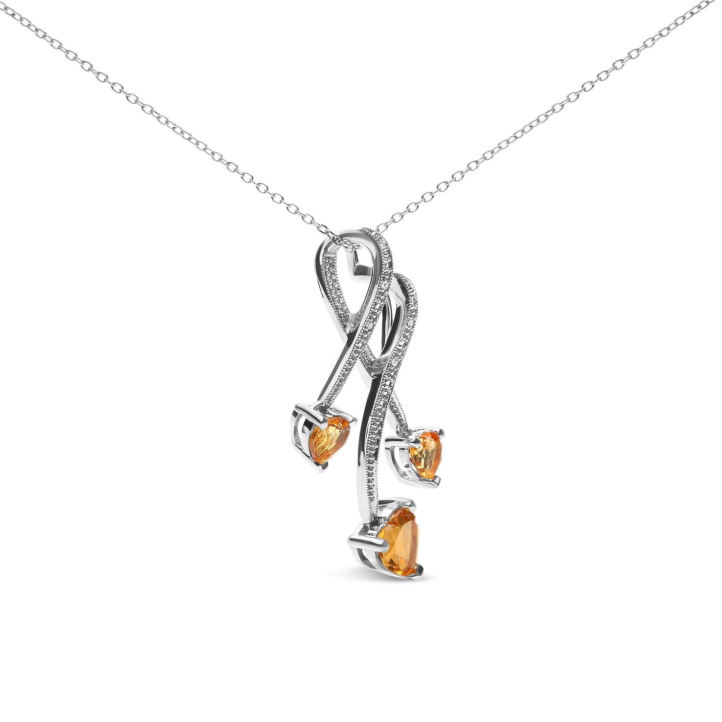 925 Sterling Silver 3-Stone Heart Citrine & Diamond Spiral Drop 18" Necklace