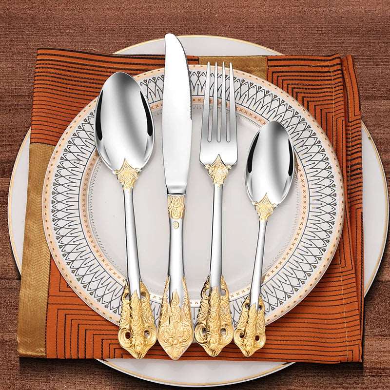304 Stainless Steel Luxury Engraved Vintage Royal Dining Cutlery Set (30 Pieces) - Lovez Aqua© - 
