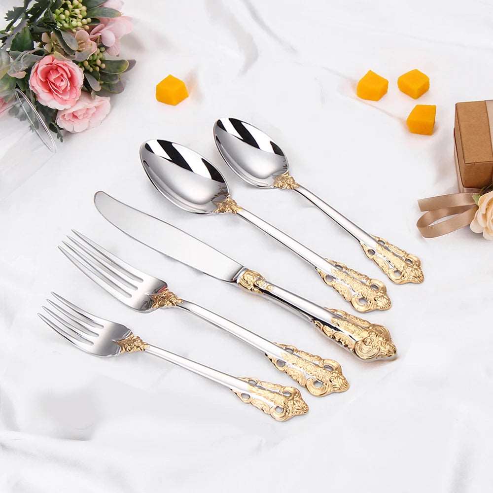 304 Stainless Steel Luxury Engraved Vintage Royal Dining Cutlery Set (30 Pieces) - Lovez Aqua© - 