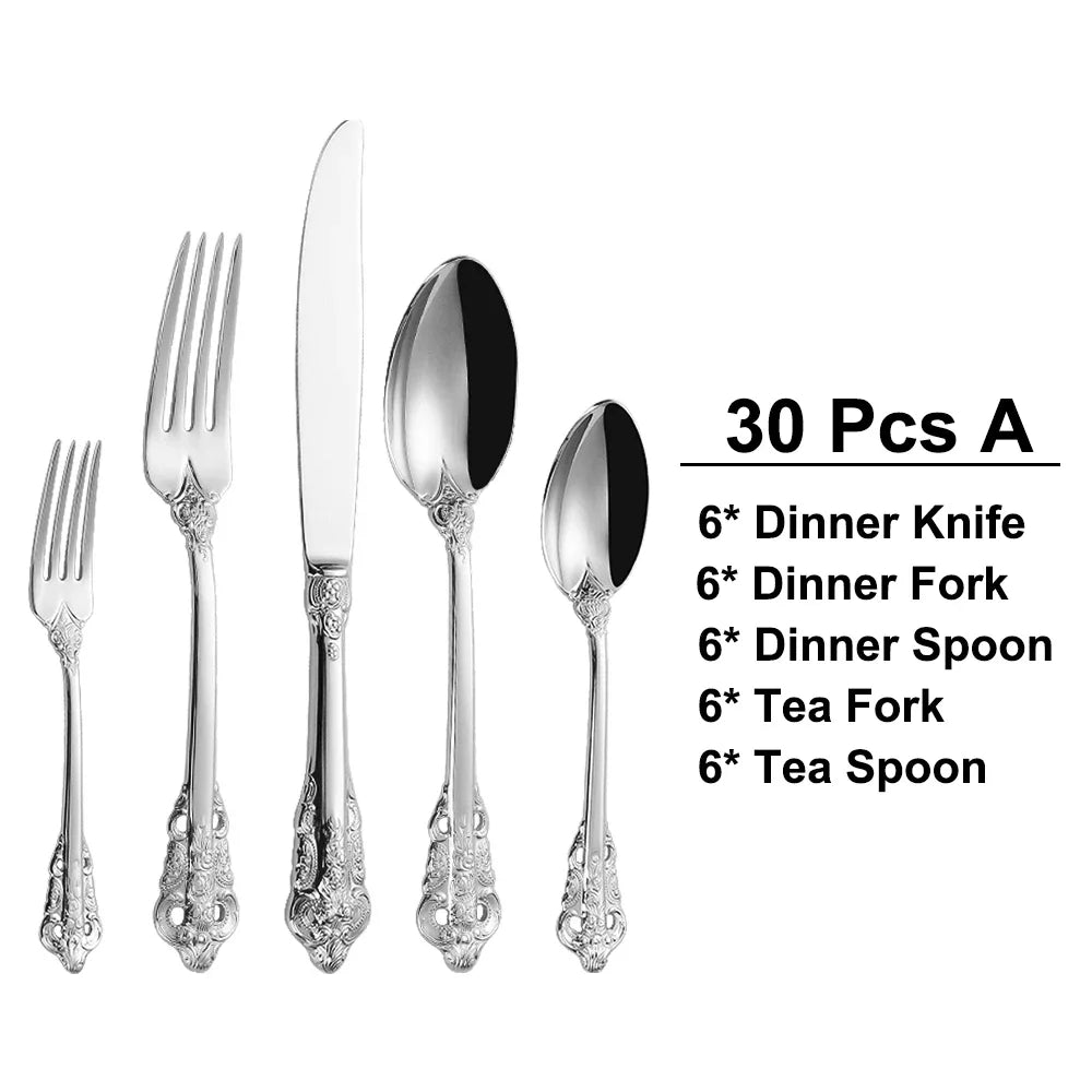 304 Stainless Steel Luxury Engraved Vintage Royal Dining Cutlery Set (30 Pieces) - Lovez Aqua© - 30pcs Silver-Plated