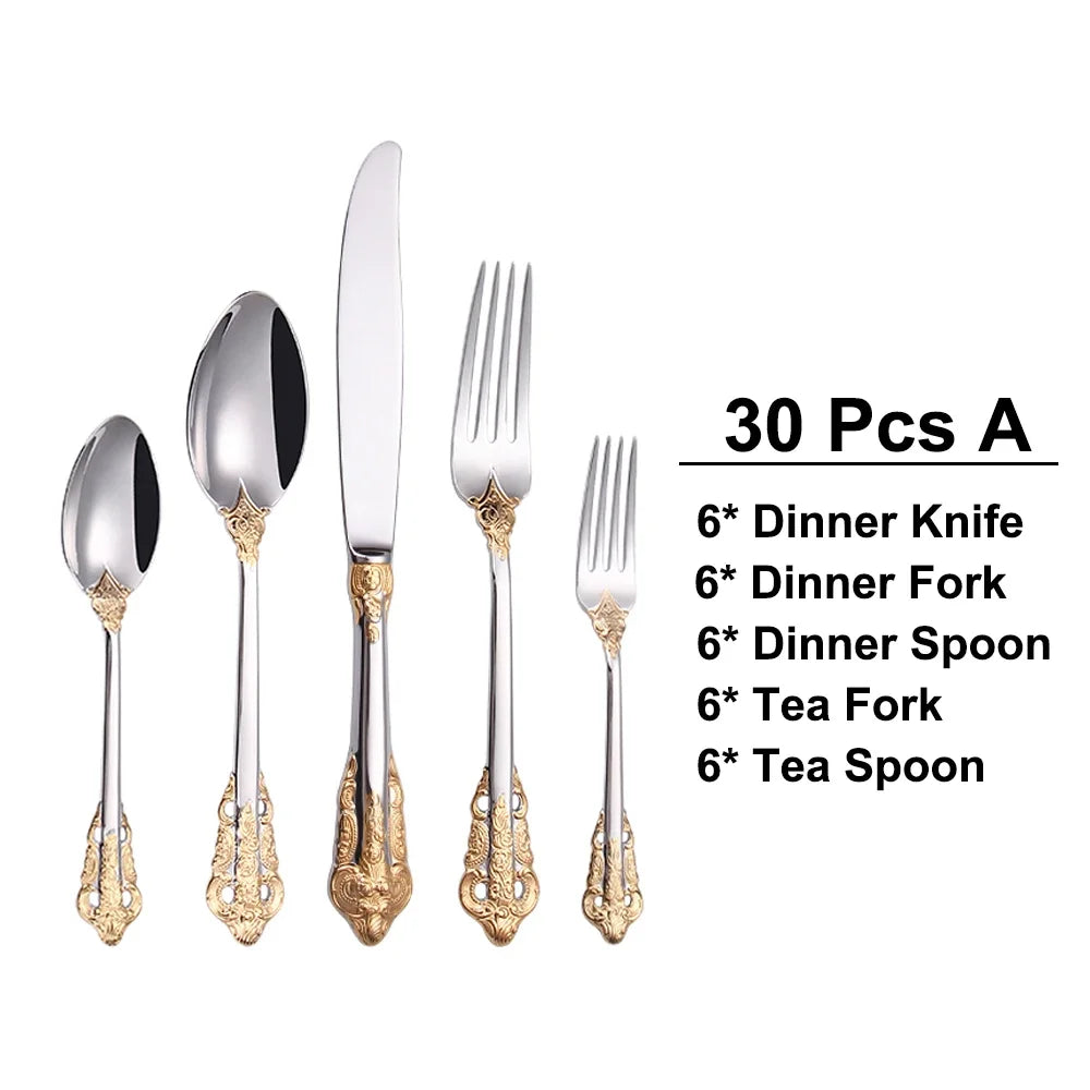 304 Stainless Steel Luxury Engraved Vintage Royal Dining Cutlery Set (30 Pieces) - Lovez Aqua© - 30pcs Gold-Plated