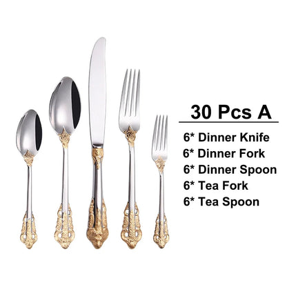 304 Stainless Steel Luxury Engraved Vintage Royal Dining Cutlery Set (30 Pieces) - Lovez Aqua© - 30pcs Gold-Plated