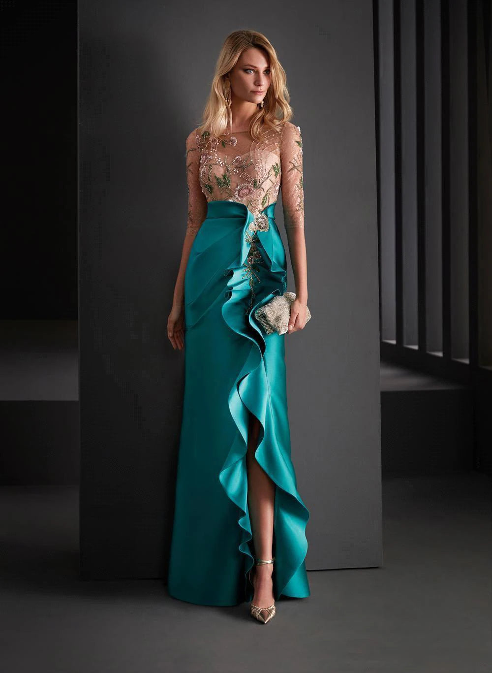 Elegant Women's Satin Embroidered Gold & Aqua Flared Mermaid Evening Dress - Lovez Aqua© - Blue / 4
