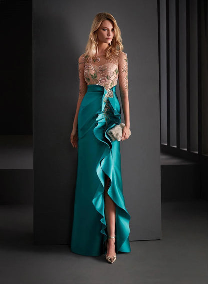Elegant Women's Satin Embroidered Gold & Aqua Flared Mermaid Evening Dress - Lovez Aqua© - Blue / 4