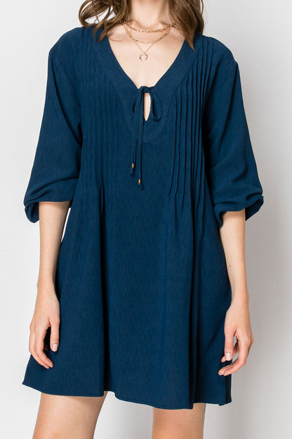 Women's Navy Blue V-Neck Pleated Pintuck Full Sleeve A-Line Mini Dress
