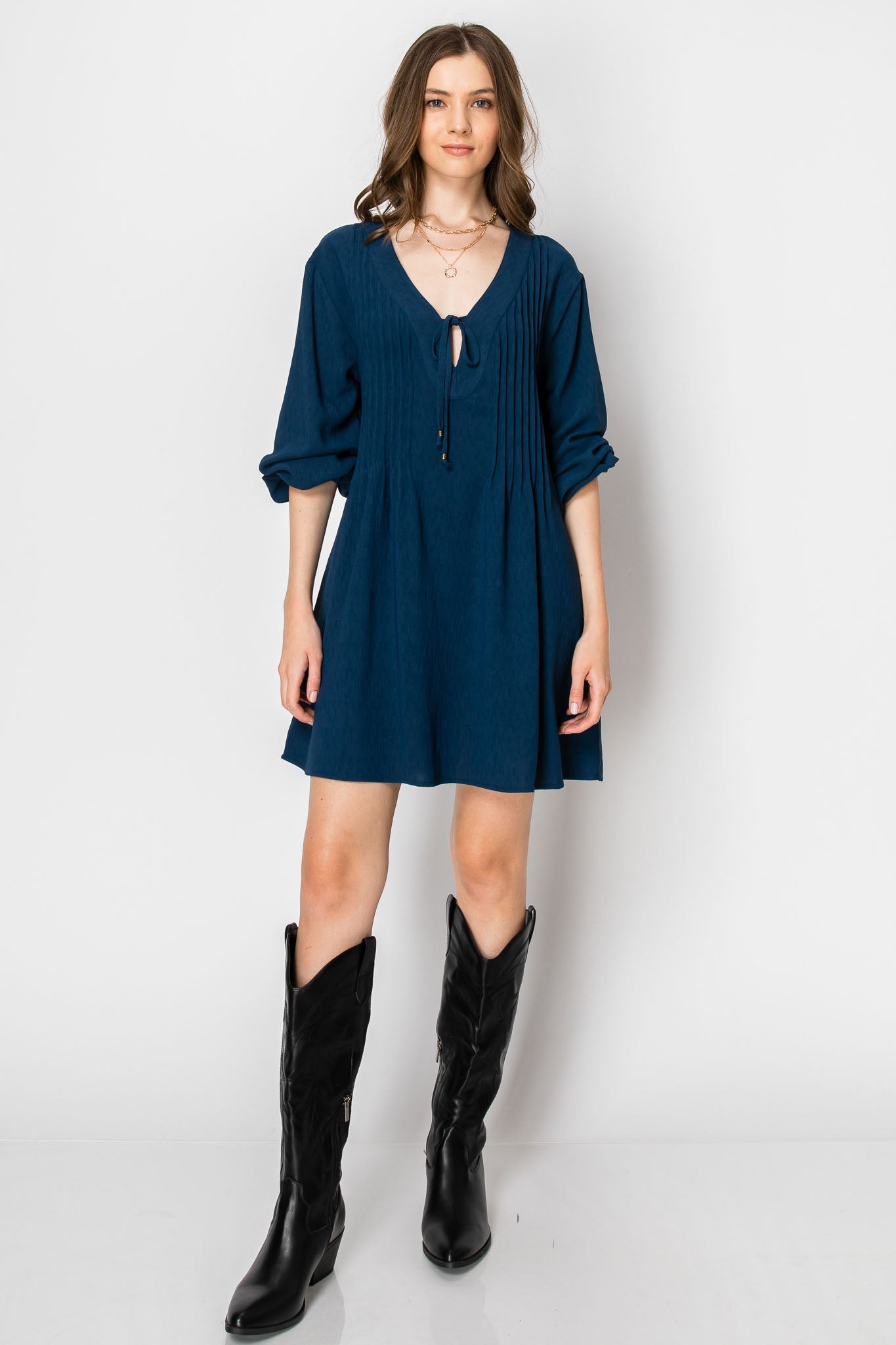 Women's Navy Blue V-Neck Pleated Pintuck Full Sleeve A-Line Mini Dress