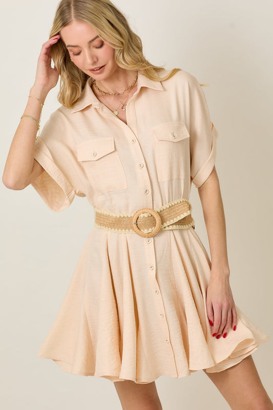 Women's Short Sleeve Peach Button-Down Belted Flared Mini Summer Dress