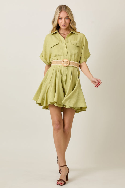 Women's Light Green Short-Sleeve Button-Down Shirt Mini Dress with Flared Hem