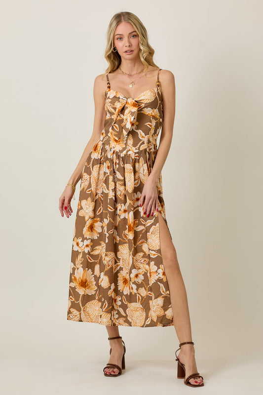 Women's Brown Floral Print Sleeveless Midi Dress with Front Tie & Leg Slit