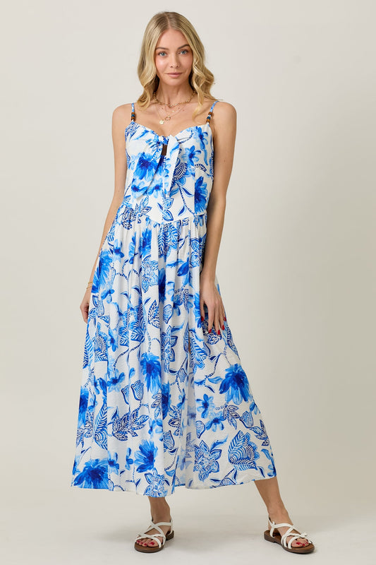 Women's Blue & White Summer Floral Print Sleeveless Maxi Dress & Tie Detail