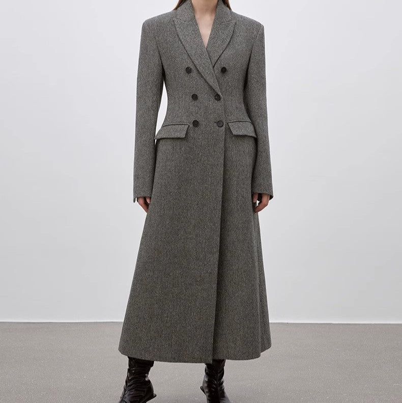 Women's Herringbone Double-Breasted Peaked Lapel Woolen Hourglass Waist Winter Coat