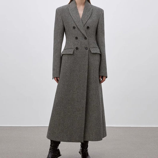 Women's Herringbone Double-Breasted Peaked Lapel Woolen Hourglass Waist Winter Coat