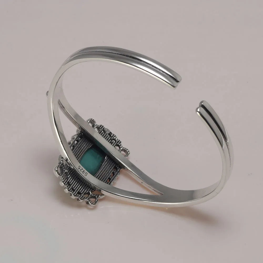Real S925 Sterling Silver Bella Swan Natural Turquoise Stone Open Cuff Bracelet - Twilight - 