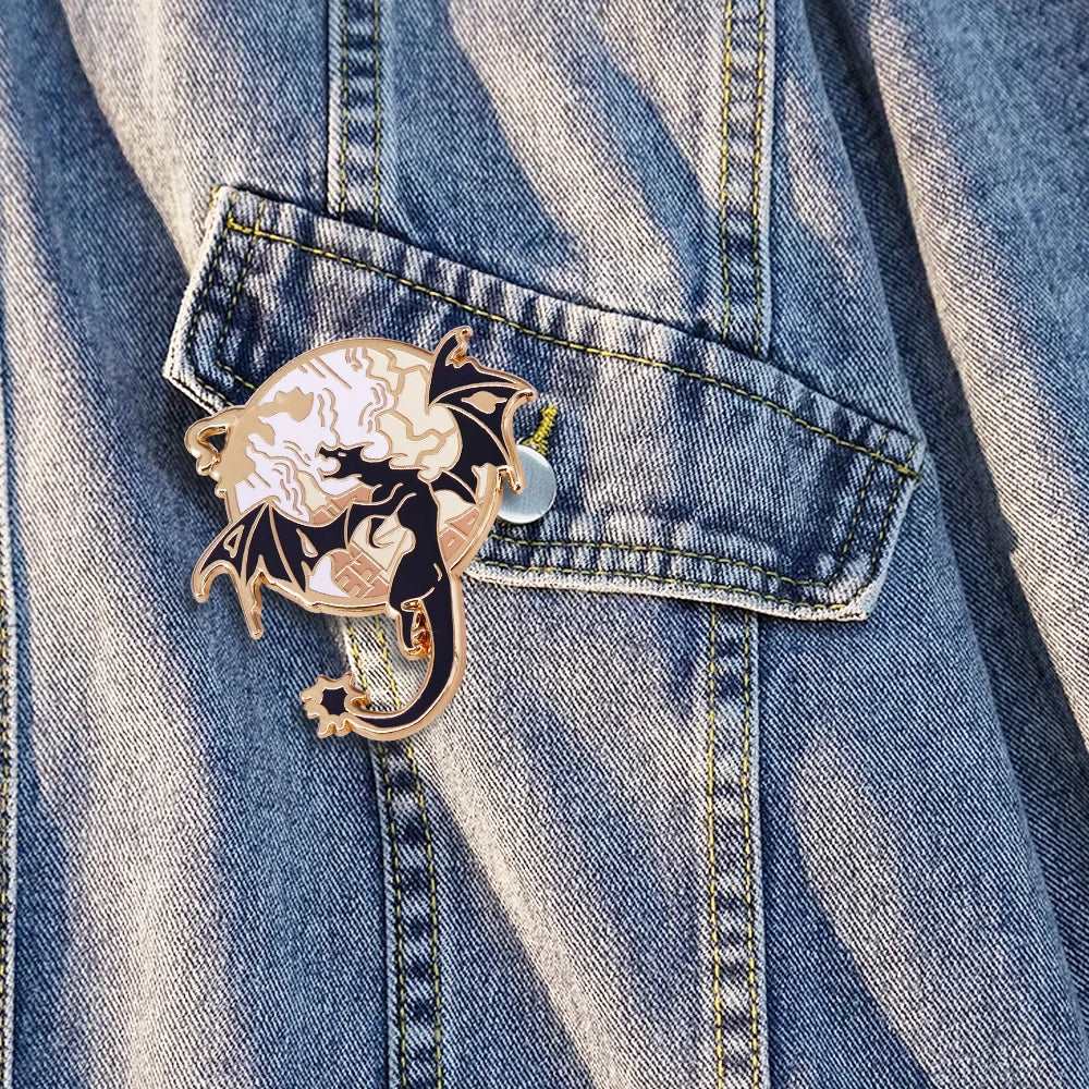 Fourth Wing Flying Dragon Sky Landscape Book Fan Enamel Brooch Pin - Fourth Wing - 