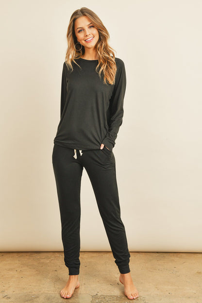 Women's Casual Solid Color Brushed Top & Jogger Bottom Set with Self Tie - Lovez Aqua© - Black / Small