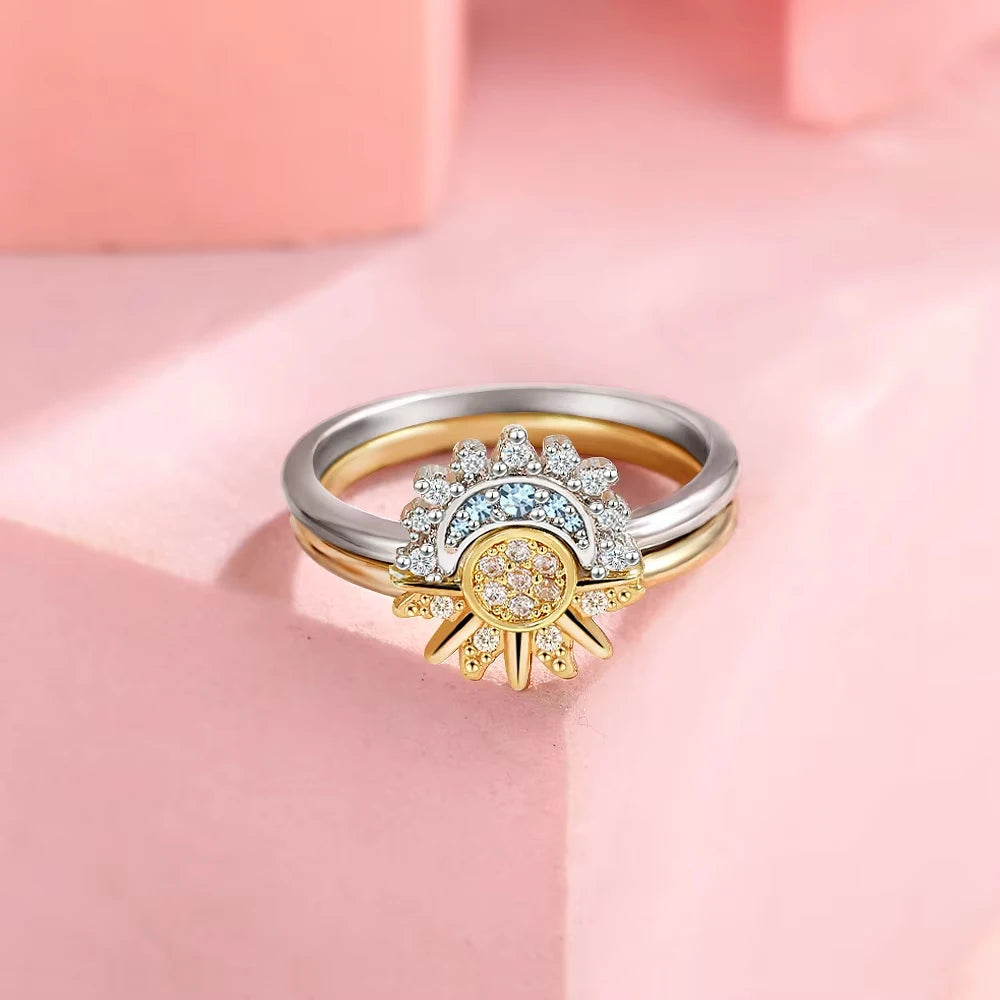 Pandora 925 Sterling Silver & Cubic Zirconia Sun and Moon Couple Ring Set - Pandora - Sun and Moon / 5
