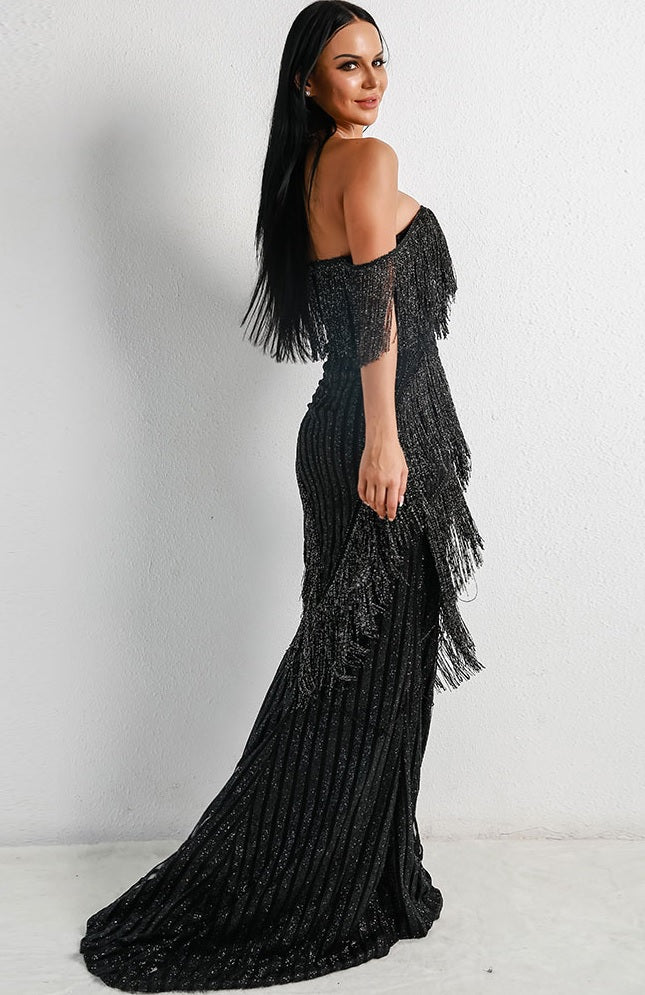 Strapless Black Evening Gown with Sweetheart Neckline & Tiered Fringe Detailing - Lovez Aqua© - 