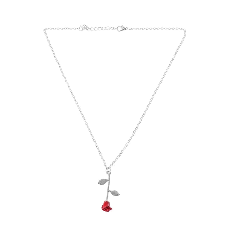 Disney's Beauty & the Beast Women's 3D Enchanted Red Rose Pendant Necklace - Disney - Silver