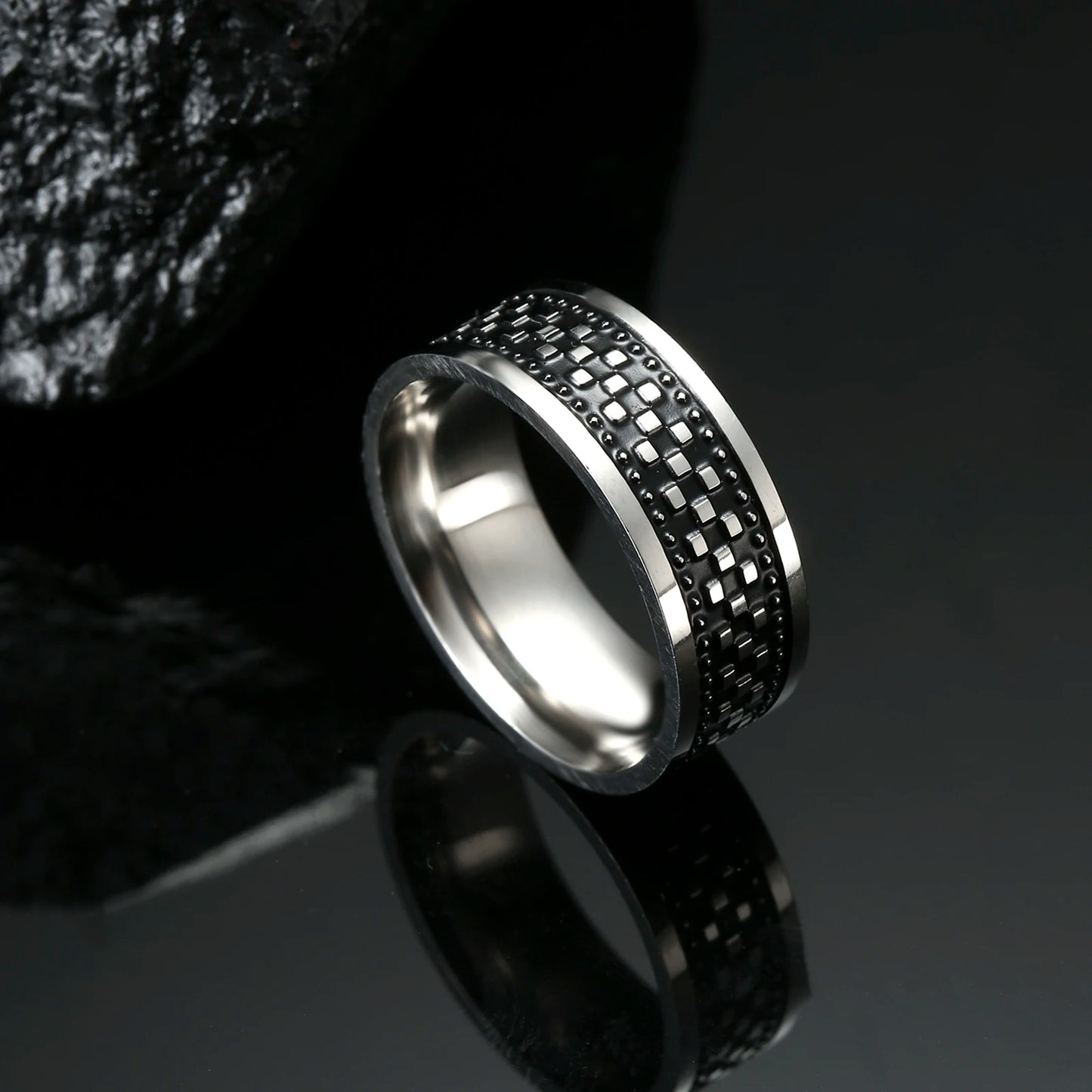 Men's Geometric Engraved Pattern Thick Stainless Steel Band Ring - Lovez Aqua© - 